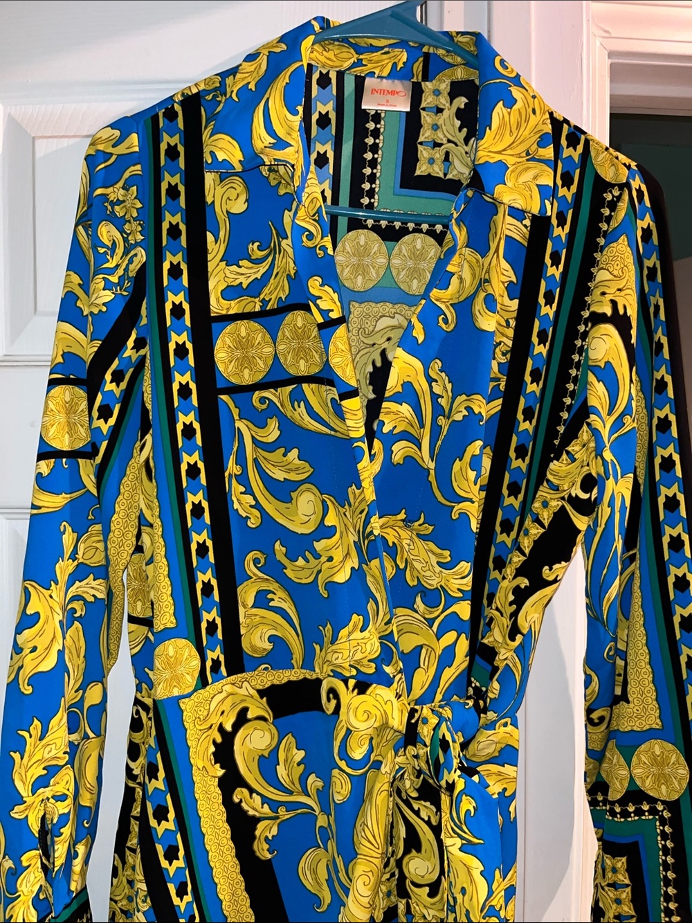 Intempo Blue/Gold Baroque Wrap Dress (S)